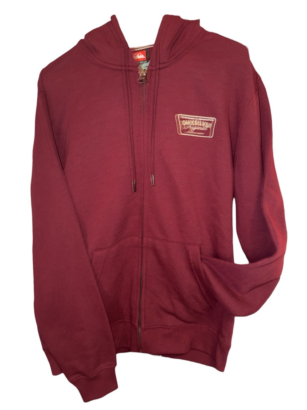 Quiksilver Original boardshort company hoodie with a tan waffle-knit lined hood
